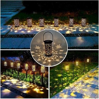 Iron Hollow Solar Lanterns สำหรับภายนอก Star Moon Retro Light Terrace Path Decoration IP66