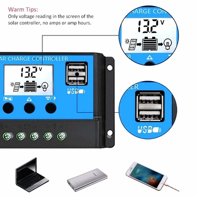 จอแสดงผล LCD ตัวควบคุมพลังงานแสงอาทิตย์ 12V / 24V 60A 50A 40A 30A 20A 10A PWM USB 5V