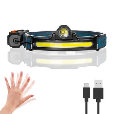ไฟหน้าเหนี่ยวนำแบบชาร์จ USB ซูม COB LED ไฟหน้าไฟฉายแบตเตอรี่ในตัวมัลติฟังก์ชั่น 6 โหมดไฟฉายคาดศีรษะ